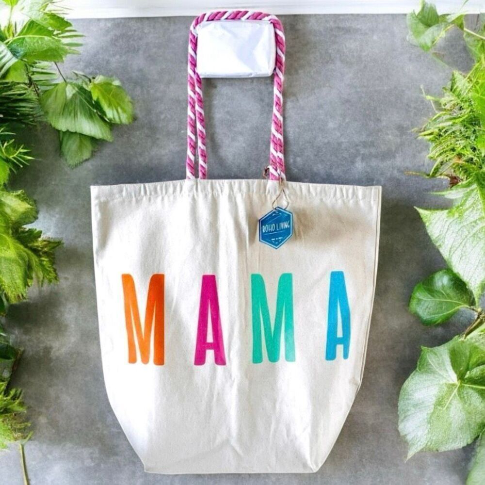 NWT Gorgeous BOHO LIVING MAMA Large White Colors Graphic Braided Strap Tote Bag